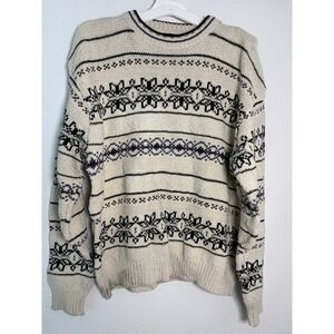 Isle of Cotton Mens XL Fair Isle Crewneck Sweater Cream Black Made in USA VTG